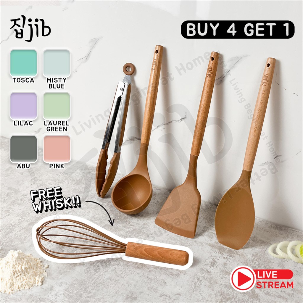 JIB Utensil Silicone Buy 4 Get 1 / Bundle Utensil Silikon / Sutil Silikon Tahan Panas Gagang Kayu / 