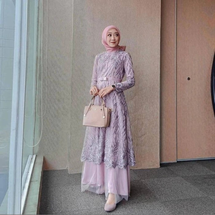 gamis almizu lilac XL dress baju pesta brukat tile cantik murah alm at