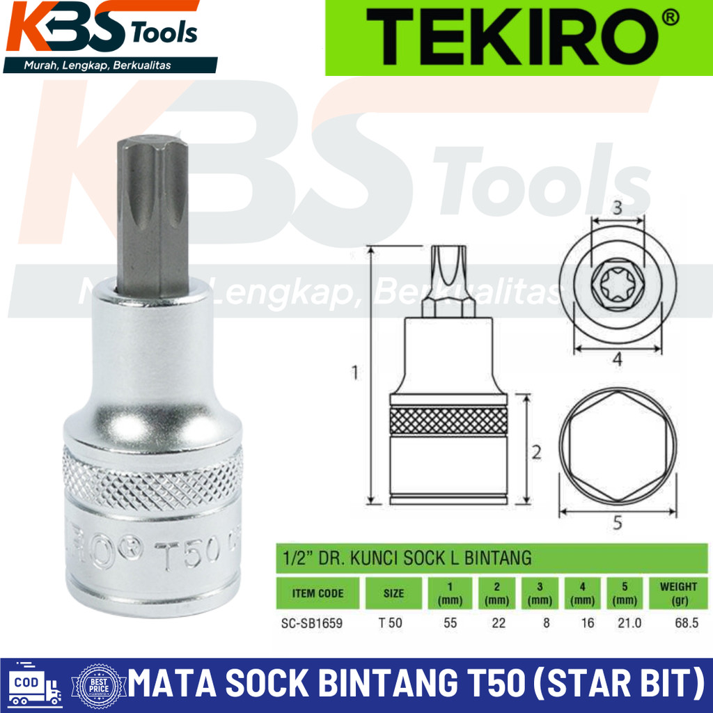 Tekiro Mata Kunci Sock L Bintang Ketok T50 Star Bit Socket 1/2" Inch