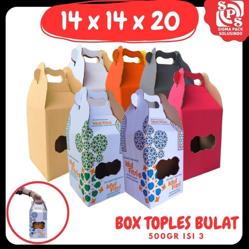 

Box Jinjing 14x14x20 Gable Box Kuker (KUKER 500GR isi 3 Toples ) Kardus Kue Kering Bulat Lebaran/hampers idul fitri/Ied Mubarak/Eid Mubarok MEDIAKIT IDN
