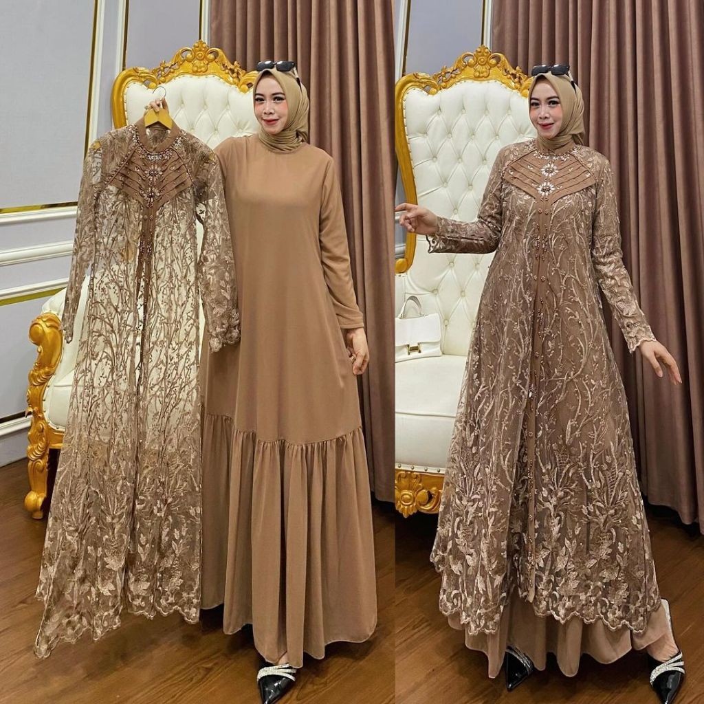 XU75TK COD Gamis Pesta Wanita Jumbo M L XL XXL 3XL 4XL Ld 100-140cm // Inara Dress Set Outer Brukat 