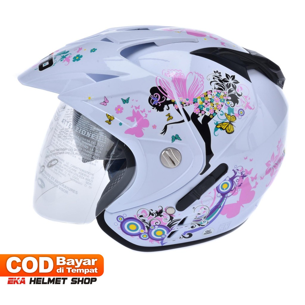 Helm Motor Wanita SNI Helem Cewek Dewasa Helmet Motif Lucu Impressive  Pixie  Double Visor  Putih Mu