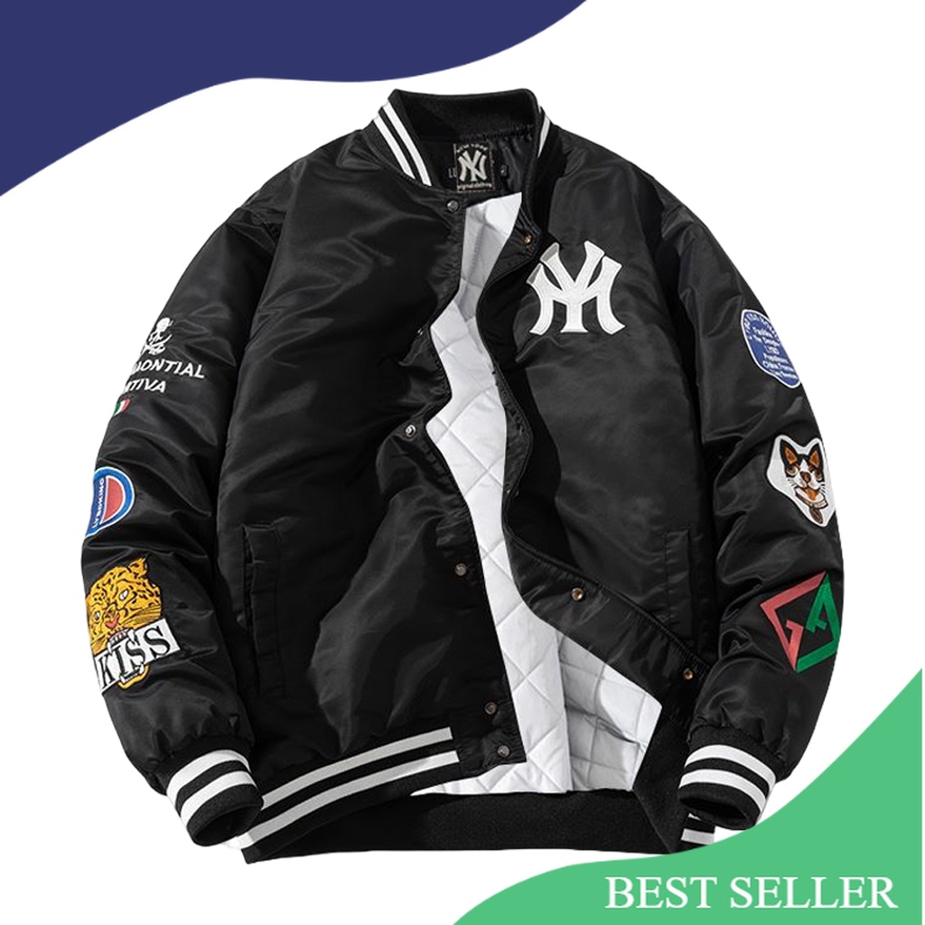 JUMPSHOT Jaket Varsity Baseball Pria Wanita Black  Motif Gambar Full Bordir/Grey