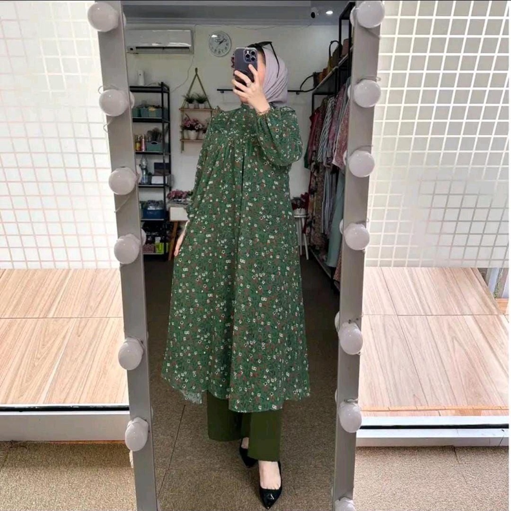 Oneset Flowers Setelan Bunga Kecil Ceruty Babydoll Premium Long Tunik Wanita Mix Kulot Cringkle