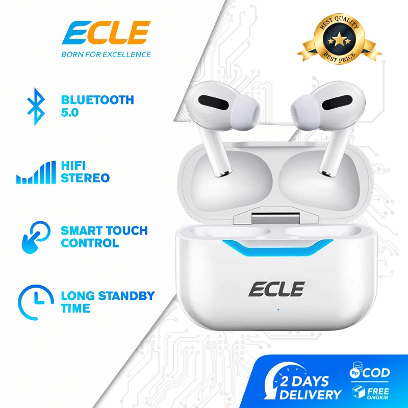 COD ECLE TWS Earphone Earbuds Bluetooth Wireless HiFi Super Stereo Bass Headset Noise Reduction Led Display Rechargeable with Microphone