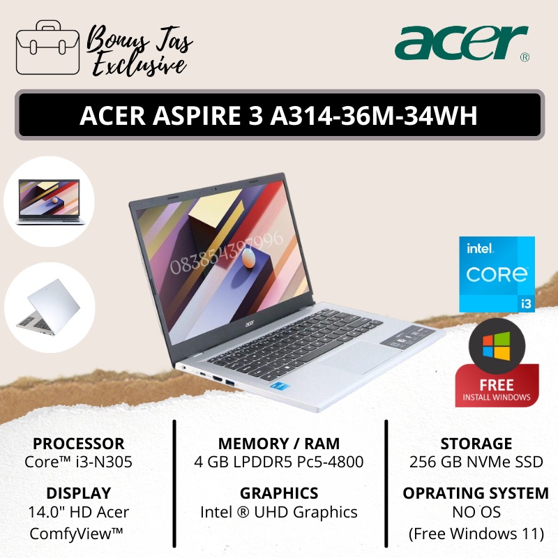 LAPTOP ACER GEN 13 TERBARU - ACER ASPIRE 3 A314-36M-34WH | CORE I3-N305 | RAM 4GB DDR5 | SSD 256GB | 14" HD | PURE SILVER | FREE WINDOWS 11 + TAS LAPTOP