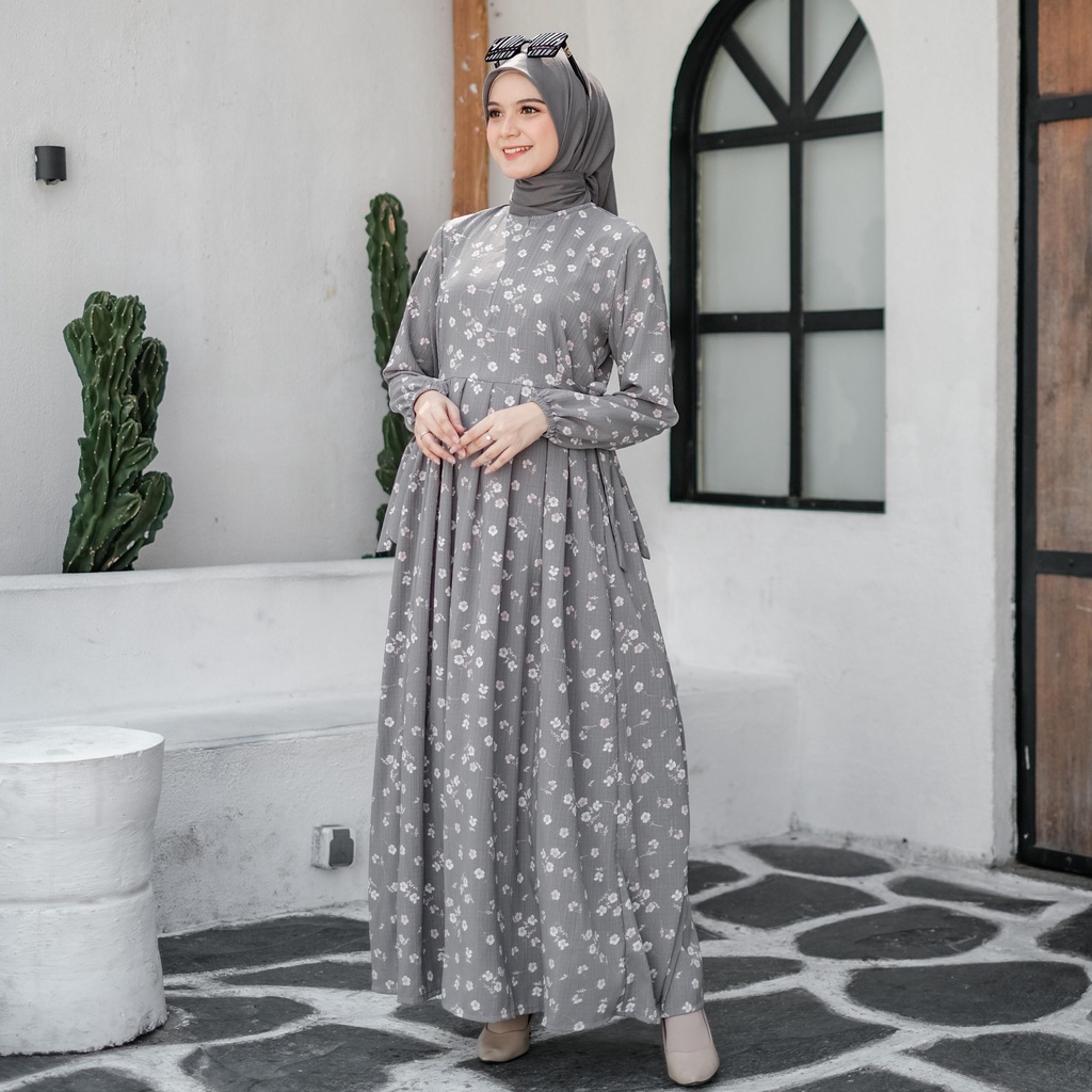 Jenni Dress Muslim Korea Bahan Crinkle Motif Bunga By TAFANA nyaman wudhu Kain Kancing