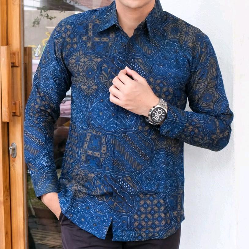 Kemeja batik PREMIUM warna biru navy full furing bahan katun halus premium solo baju batik biru leng