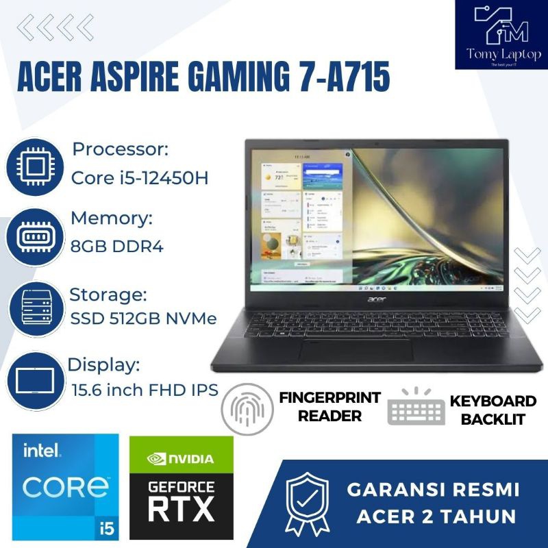 LAPTOP GAMING BARU ACER ASPIRE 7-A715/CORE I5/RTX 2050/RAM 8GB/SSD 512GB