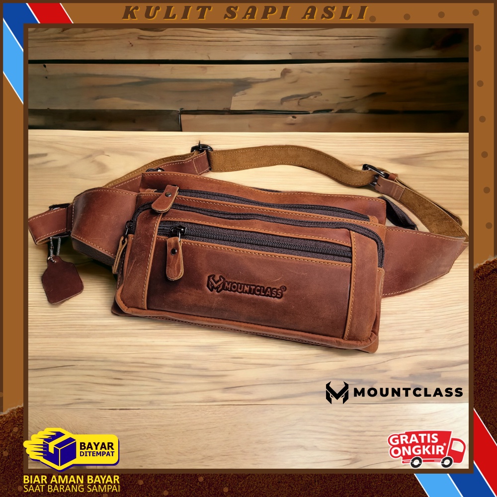 (Mountclass) Tas Selempang Waistbag Pinggang Kulit Asli Pria Cowok Sling bag Waist Bag Pinggang Mult