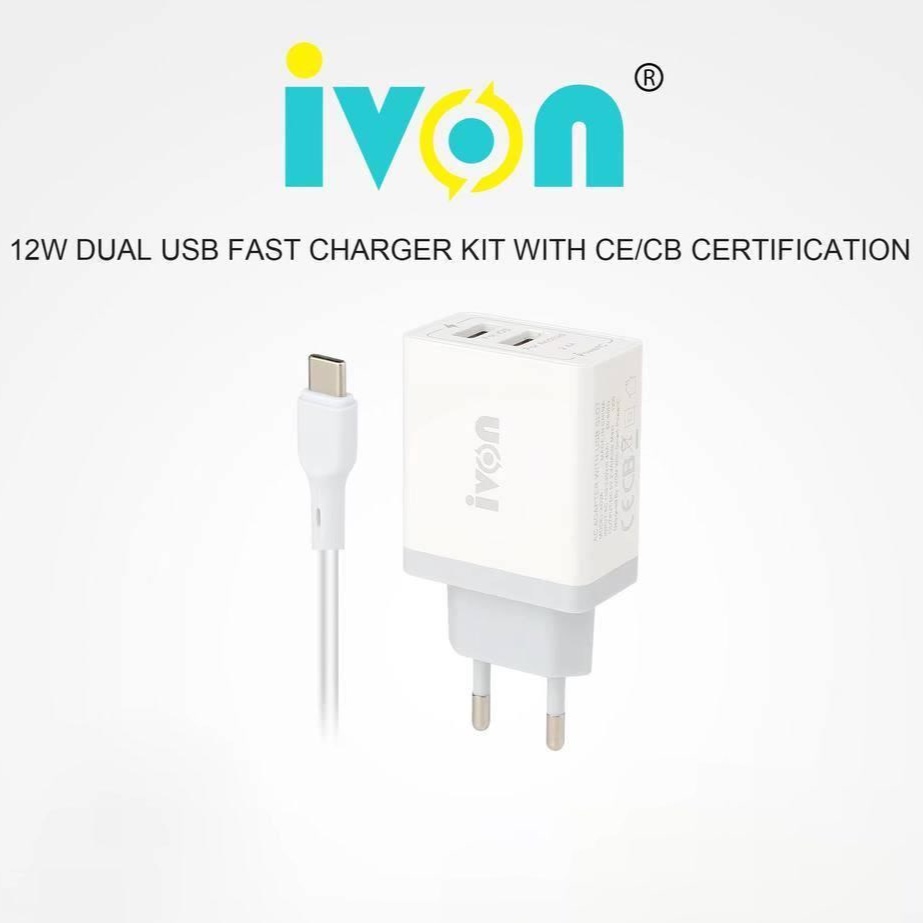 iVON 2.4A AUTO ID SMART CHARGER FOR IOS/ANDROID DUAL USB AC ADAPTER Batok / Kepala Kabel Data For iP