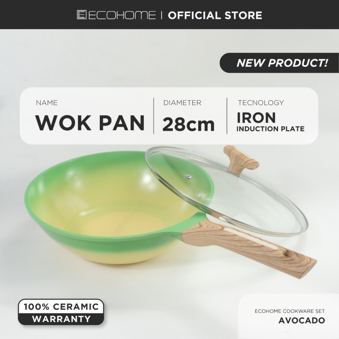 Ecohome Cookware Wok Pan 28 cm Ceramic Coating Anti Lengket Avocado