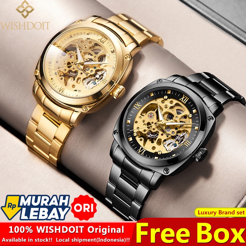 【COD】 WISHDOIT Jam Tangan Pria Mekanik Otomatis Original Anti Air Laki Laki Cowok Tahan Hitam Keemas