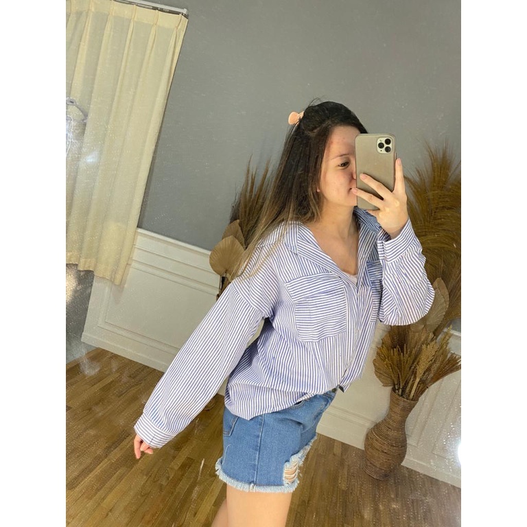 CASHA - ZSO PAKAIAN WANITA MELDI / Kemeja Oversize Salur Pocket / OOTD Kasual Hem Wanita Kekinian / 