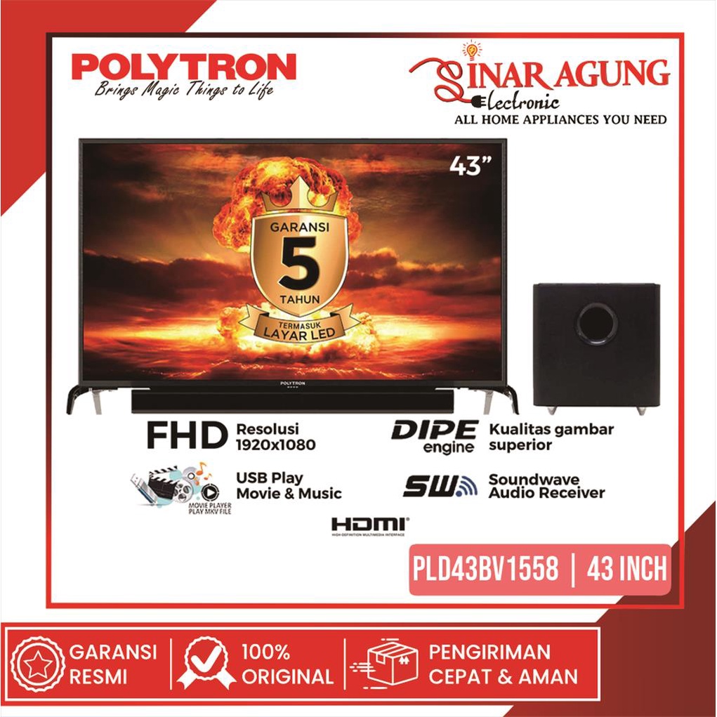 LED TV POLYTRON PLD43BV1558 / 43BV1558 / 43BV-1558 SPEAKER SOUNDBAR (43 INCH / DIGITAL) GARANSI RESM