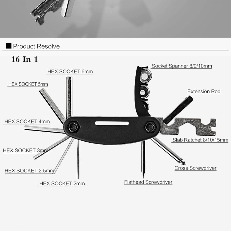 (COD) PL Mini Set Kunci Sepeda motor Kunci Shock Lipat 16 Kunci 8 9 10 ring pas L Obeng 16 in 1