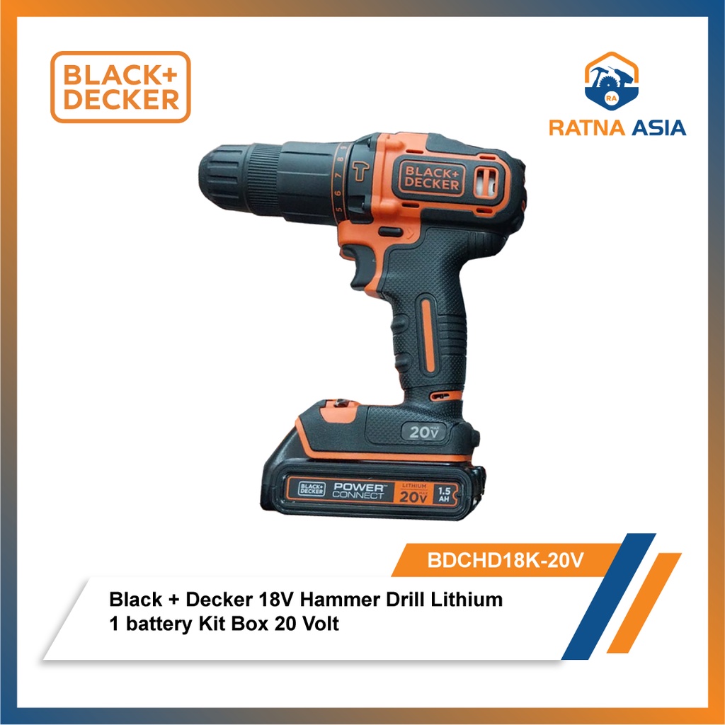 Mesin Bor Cordless 20 Volt Baterai Black+Decker BDCHD18K Hammer Drill