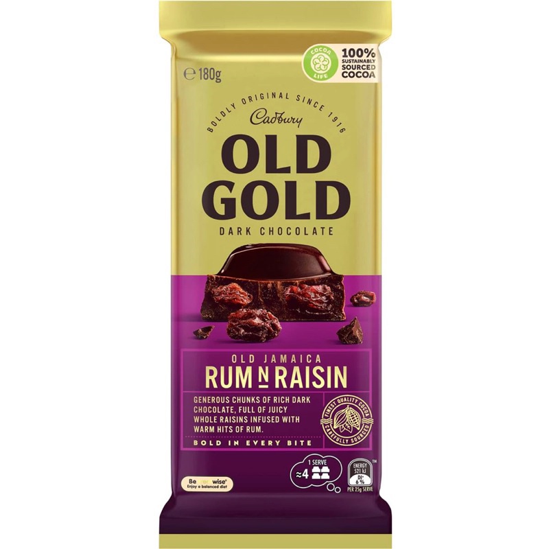 

Cadbury Old Gold Dark Chocolate Old Jamaica Rum 'n' Raisin 180g - Australia