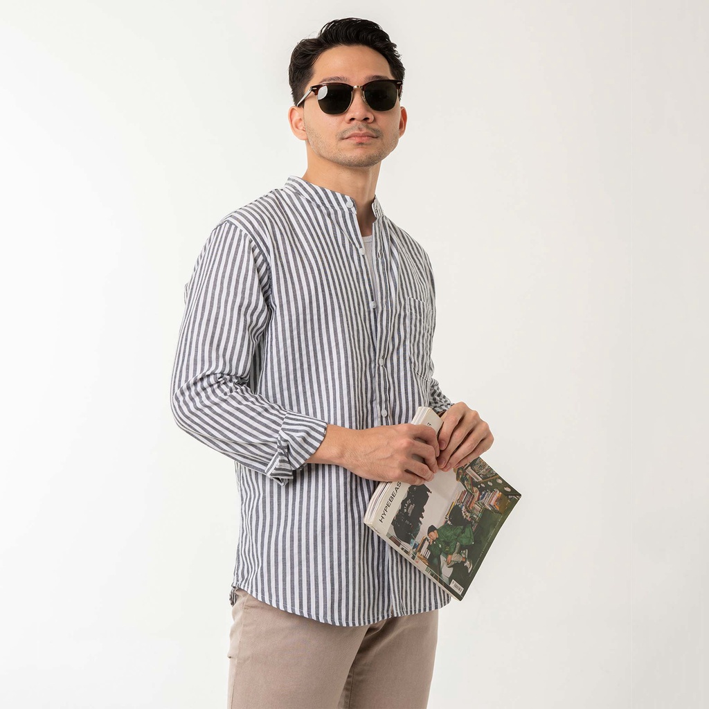 Kemeja Koko Garis Pria WOODCUTTER Collarless Butcher Stripe Kerah Shanghai - Dark Grey Panjang