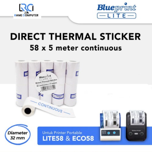 

10 roll Direct Thermal Sticker Label BLUEPRINT 58x5 Meter Continuous - Dts 58 x 5 meter