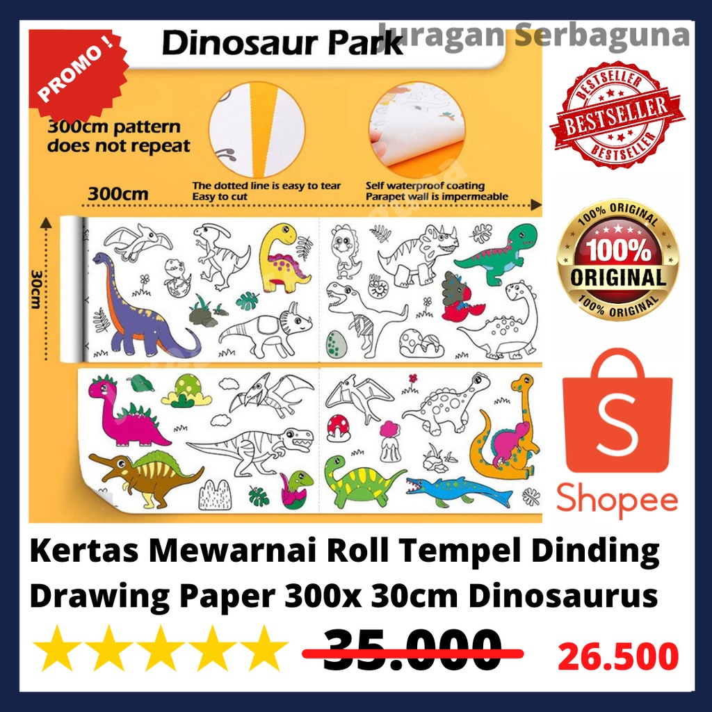 

Kertas Mewarnai Roll Tempel Dinding Drawing Paper 300x 30cm Dinosaurus