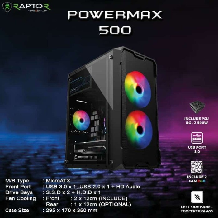 Casing Komputer Power Up Power Max 500 + 2 Fan RGB + PSU 500w M-ATX