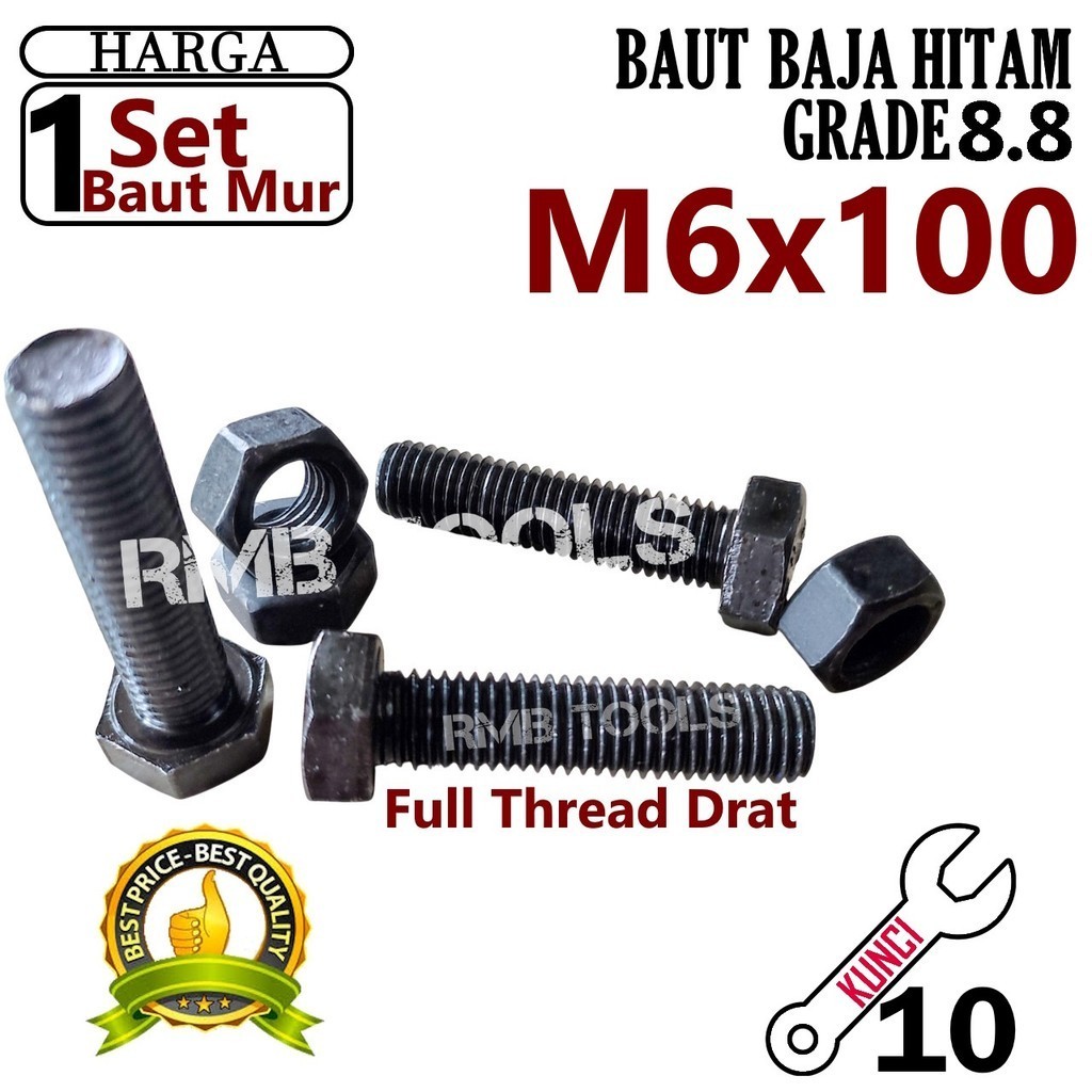 Baut Mur Hex Baja 8.8 M6 x 100 Full Drat – Tahan Lama & Kuat