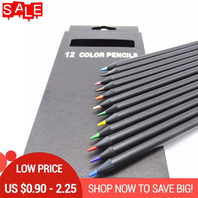 

12 Pcs/Set Valued Color Pencil Packaging 12 Different Colours Colored Pencils Kawaii School Black Wooden Pencils High Quality