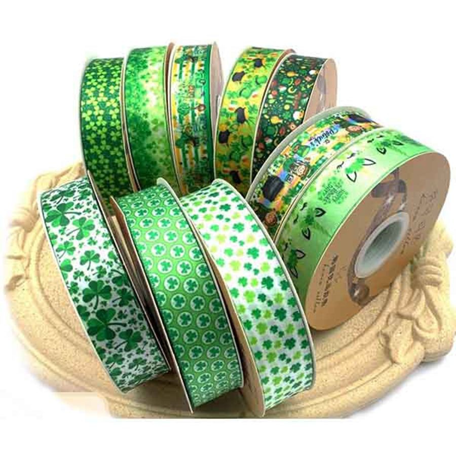 

50Yards 25mm Heat Transfer Green Clover Saint Patrick's Day Satin Ribbon Welcome Custom Designs
