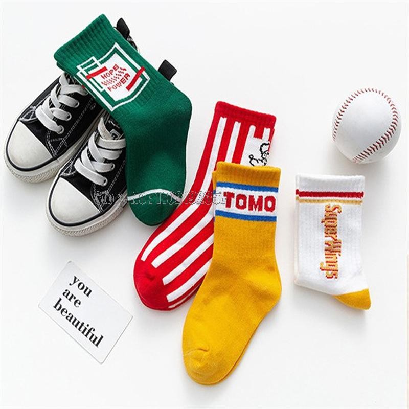 4 Pairs Cotton Kids Children Spring Autumn Girls Hope Toddlers Boys Sports Strips Letters Green Yell