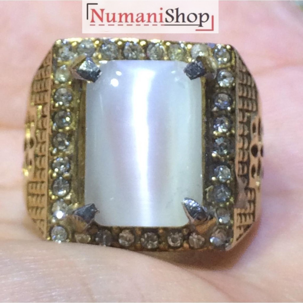 Cincin Titanium Batu Akik Octagon Cat Eye Susu Atau Warna Putih HQ