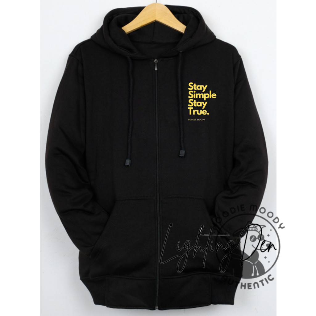 HOODIE.MOODY Hoodie Jaket Resleting stay simple stay true Zipper  Sweater Jaket Sleting Depan Switer