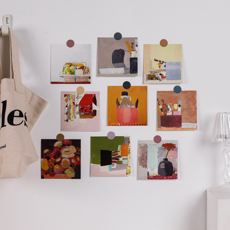 

Ins Simple Modern Oil Painting Decoratiove Card 9 Sheets Colorful Photo Props Bedroom Diy Wall Sticker Square Postcard Bookmarks