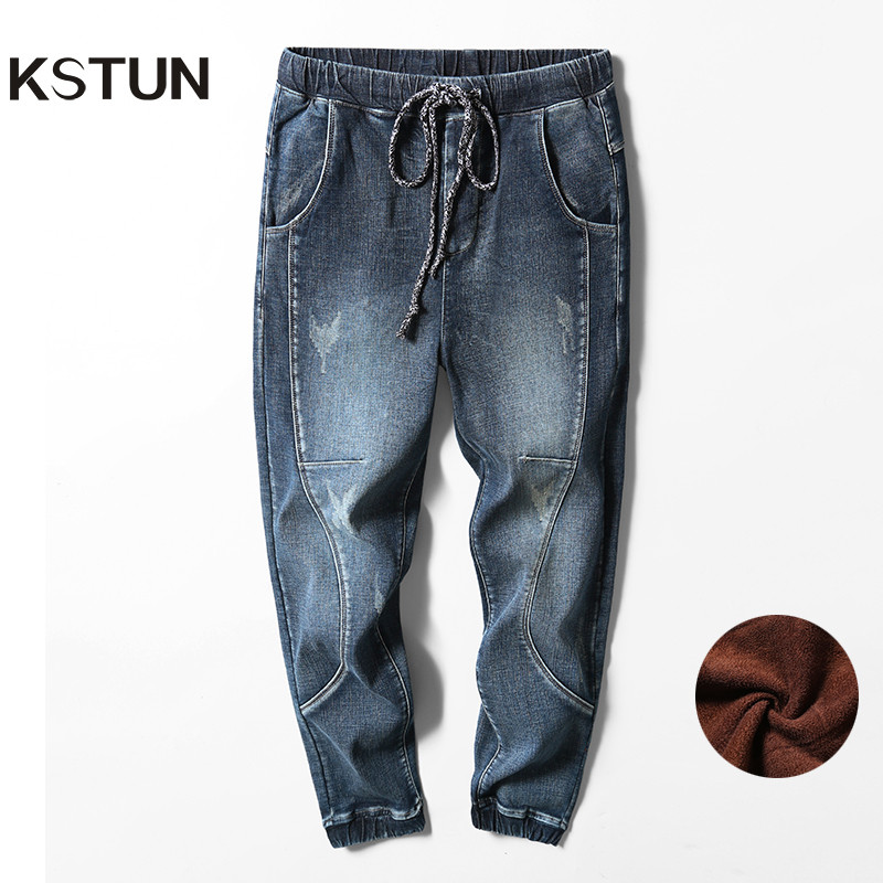 KSTUN Winter Jeans Men Warm Jeans Fleece Thicken Harem Pants Loose Fit Streetwear Stretch Blue Denim