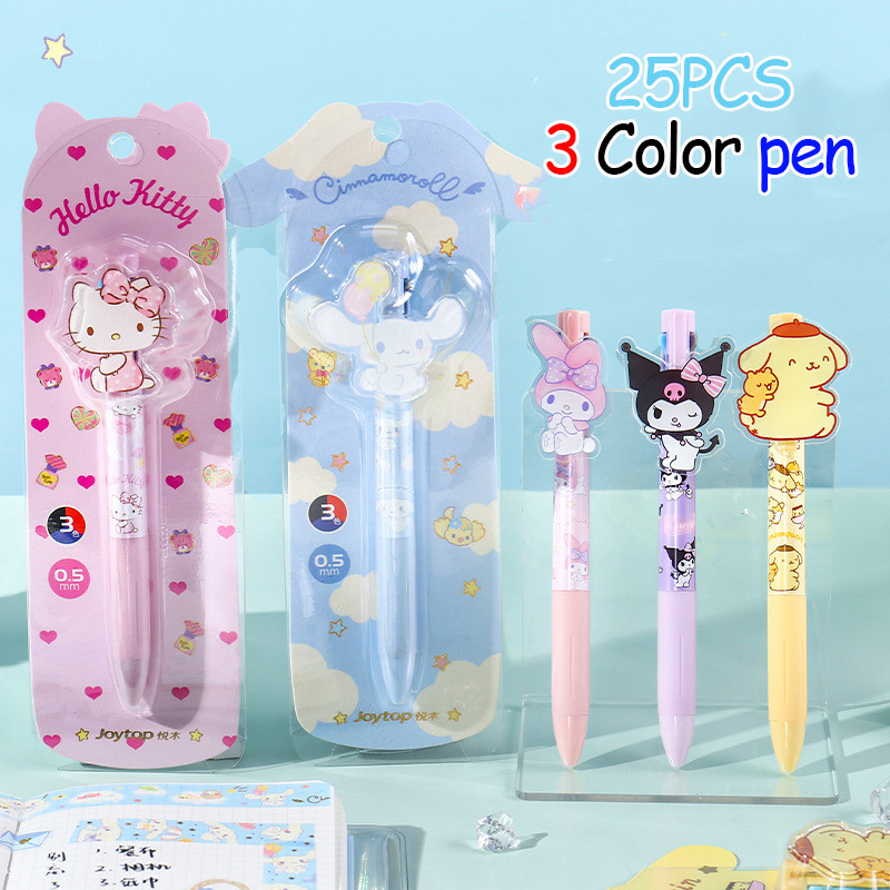 

25pcs Sanrio 3 Colors Ballpoint Pen Kawaii Kuromi Cinnamoroll My Melody Hello Kitty Signing Pen Students Supplies Stationary