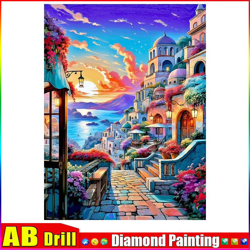 

AB Square/Round Drill 5D DIY Diamond Painting "Scenery Sunset Boat House" Embroidery Cross Stitch Full Rhinestone Decor