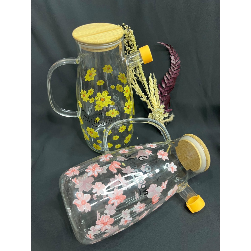 MS Teko Minyak Kaca Motif Bunga Oil Pot Flower dengan Tutup Kayu 1L