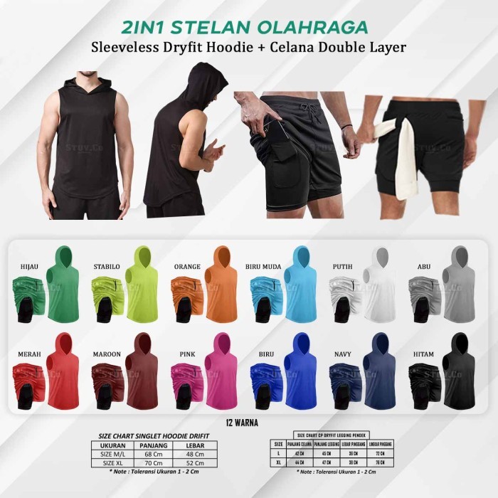 2IN1 SINGLET HOODIE DRYFIT GYM CELANA KOLOR PENDEK DOUBLE LAYER OLAHRAGA PRIA WANITA - "M/L" POLOS, 