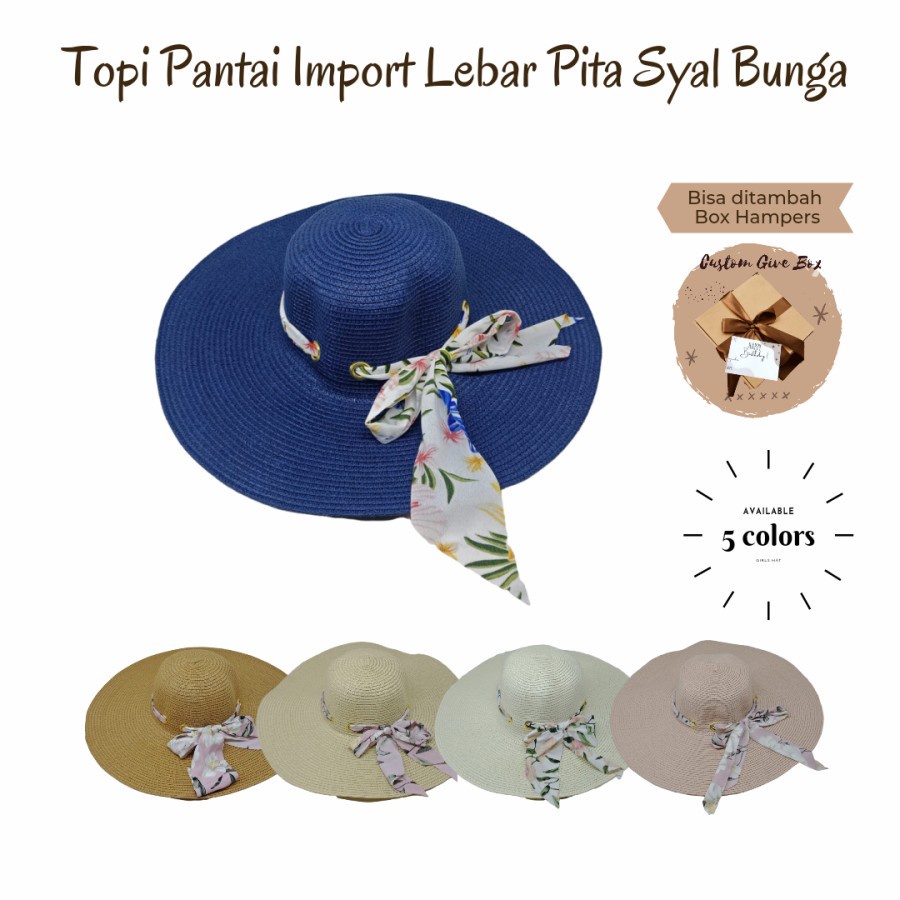 Topi Pantai Import Lebar Pita Syal Bunga Topi Wanita lebar Topipantaibdg