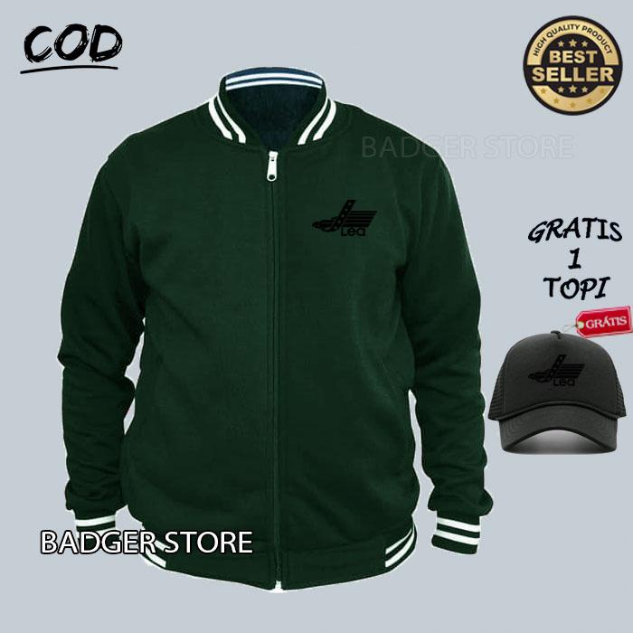 Free Topi... Jaket Zipper Varsity Distro LEA Text Hitam Premium Jaket Sweater Hodie Pria Wanita Dist