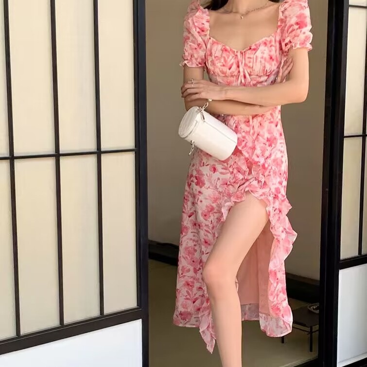 Midi Dress Rok Panjang Sebetis Pink Bunga Seksi Lengan Balon Pendek Dada Serut (BELAHAN TIDAK SETING