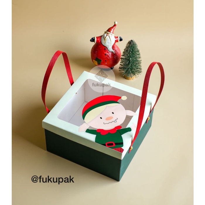 

Elf Christmas Box 22x22 (10pcs) Kotak Hamper Natal 4 Toples Roti Cake - 22x22x7, Tali tampar