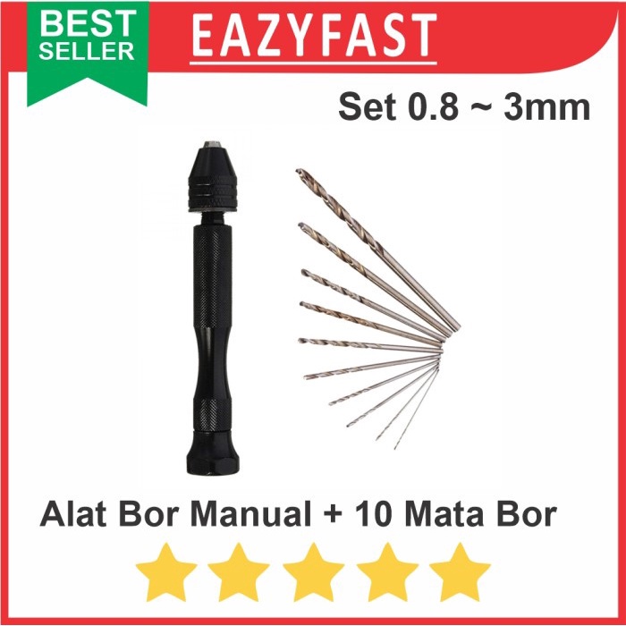 Alat Bor Mini Manual Drill Twist Set 10 Mata Bor HSS Bit Kayu Plastik