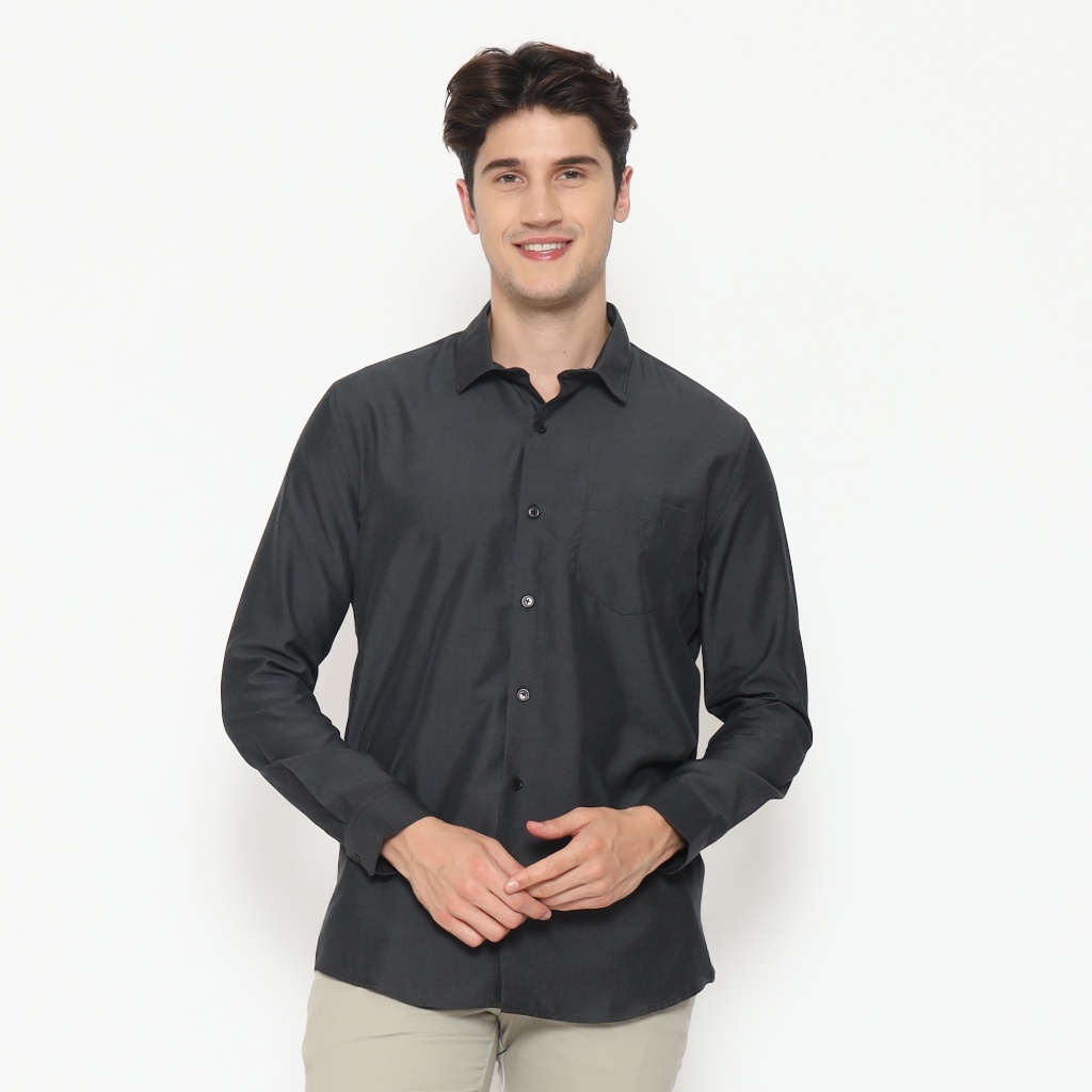 MAGINOT Kemeja Pria Basic Polos Panjang CHARCOAL