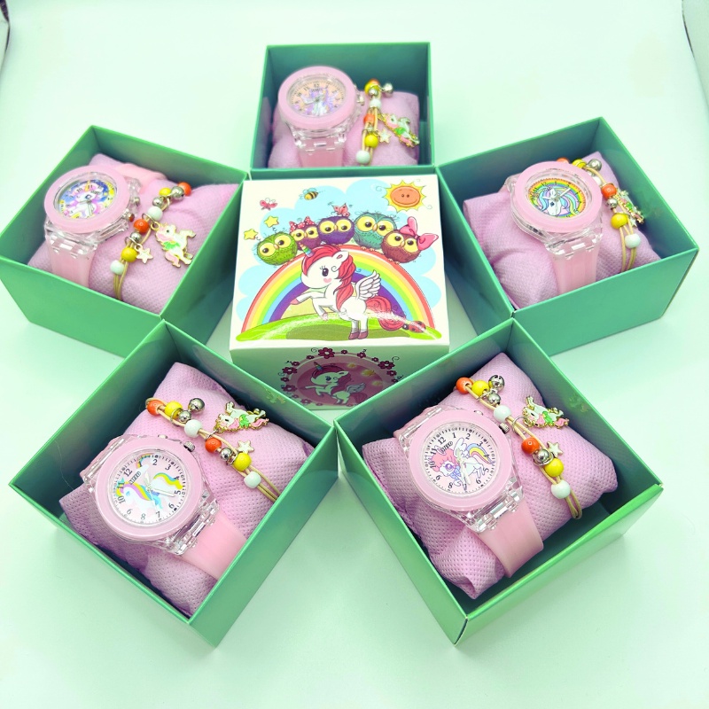 【Jam tangan + gelang tangan】Jam tangan anak perempuan set gelang tangan hadiah ulang tahun kotak kar