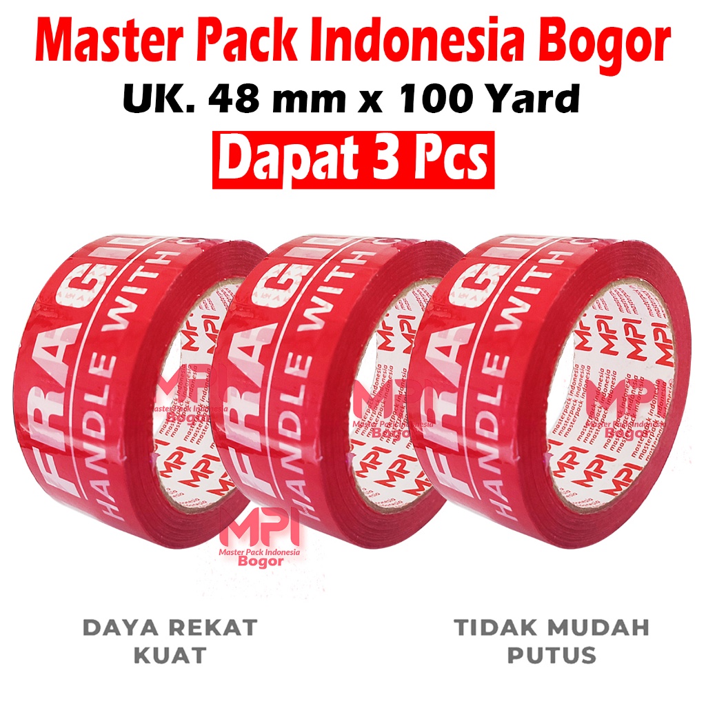 

3 PCS - Lakban Fragile Merah 48 mm x 100 Yard - Handle With Care Jangan Di Banting - MPI