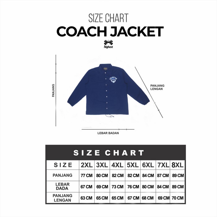 HIGHEST Jaket Coach Pria Big Size Jumbo Sablon Ukuran Warna Biru 2XL 3XL 4XL 5XL 6XL 7XL 8XL HCJ13