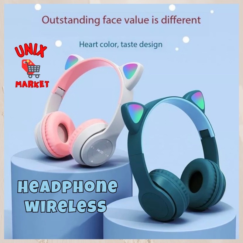 Headphone Wireless Bluetooth LED Cat Ears Headset Handsfree Bando Kucing headphone mic lucu unik