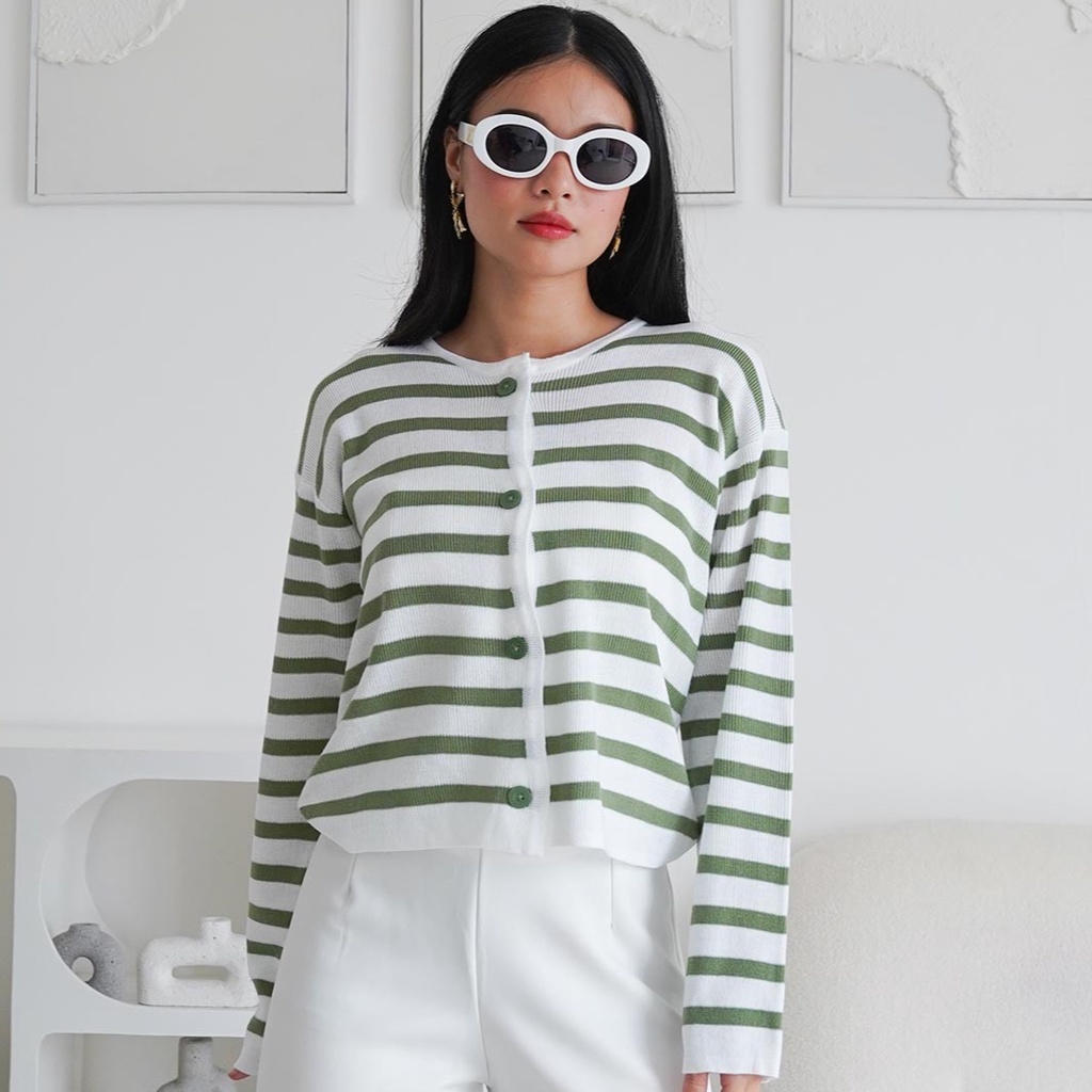 Premium Shannon Cardigan Rajut Stripe Outer - Outter Atasan Baju Garis Wanita Croptop Fashion Wanita