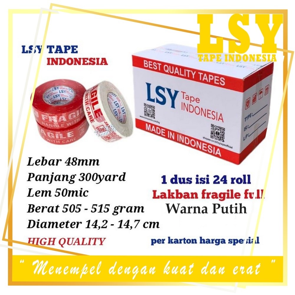 

LSY 1Dus Grosiran 24roll Lakban Fragile Putih Full 48mm x 300yard Full 50mic